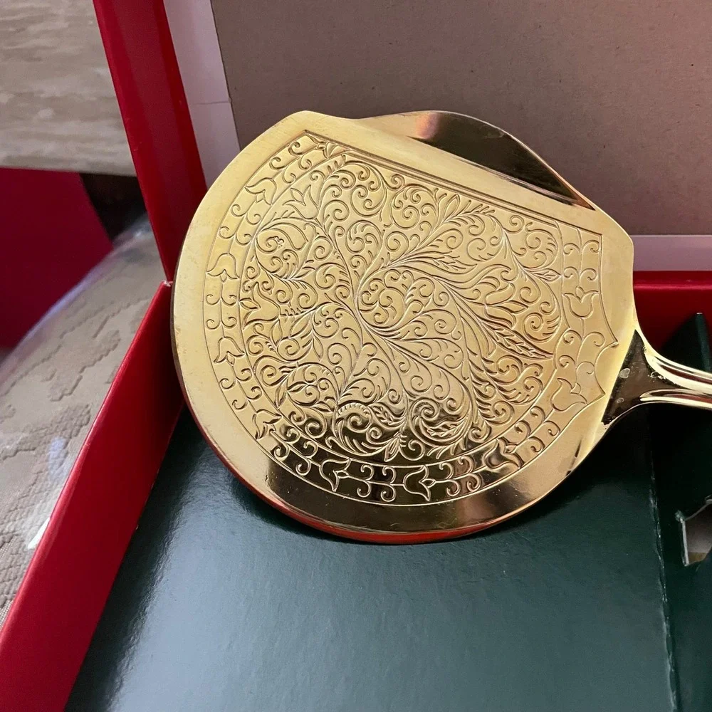 Retroneu 24K Gold Electroplate Pie Cake Server Cloisonne Holly Berry Christmas